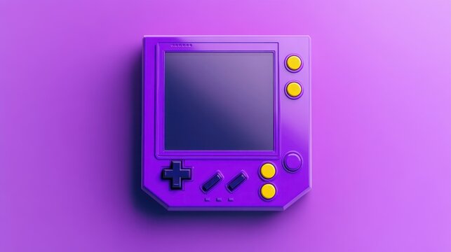 Purple handheld gaming console with yellow buttons and black directional pad on a matching purple background