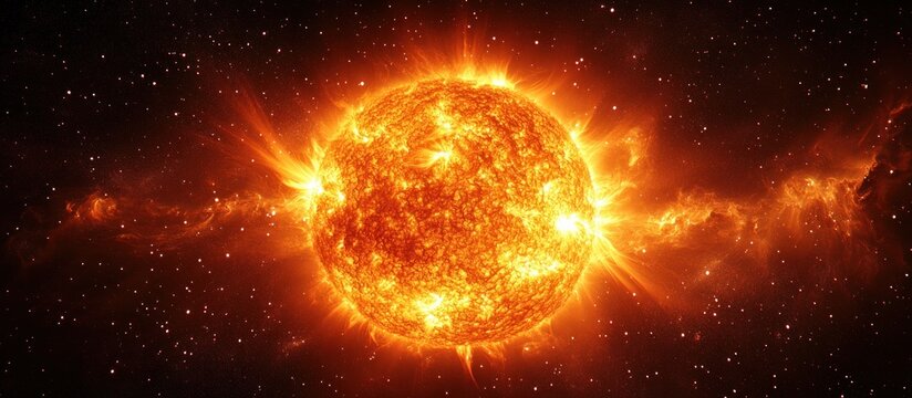 Bright glowing sun with solar flares and prominences emitting intense heat and light in deep space filled with stars
