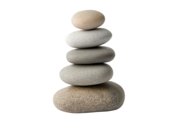 Stacked zen stones creating a tranquil focal point isolated on a transparent background showcasing balance and serenity in simple design