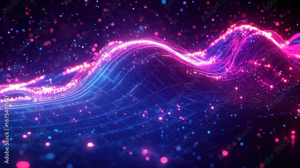 Poster abstract digital wave formed by glowing pink and blue particles and lines on a dark background conve