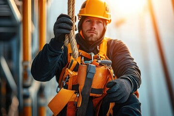 Focused construction worker wearing safety helmet and harness holding a rope, preparing for high-altitude work during sunrise or sunset