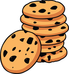 Stack of chocolate chip cookies with one cookie in front. Delicious sweet snack perfect for dessert, bakery, holiday treats, homemade food, breakfast, coffee break, and festive celebration themes