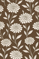 Seamless chrysanthemum floral pattern with white blossoms and leaves on a brown background. Elegant botanical illustration perfect for fabric, wallpaper, packaging, and decorative surface design.