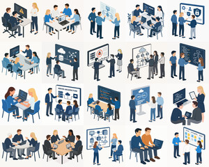 Modern Isometric People Meeting and Collaboration Flat Design Illustration Asset © logo
