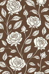 Seamless floral pattern with white rose outlines and leaves on brown background. Elegant botanical design perfect for fabric, wallpaper, wrapping paper, and surface decoration.