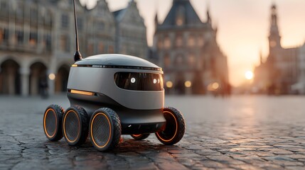 Sleek, futuristic autonomous delivery robot glides across a cobblestone plaza within a historic European city during the beautiful golden hour light.