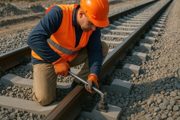 Railroad worker in safety gear repairing a railway track with a wrench.