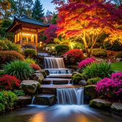 Beautiful autumn garden waterfall scene
