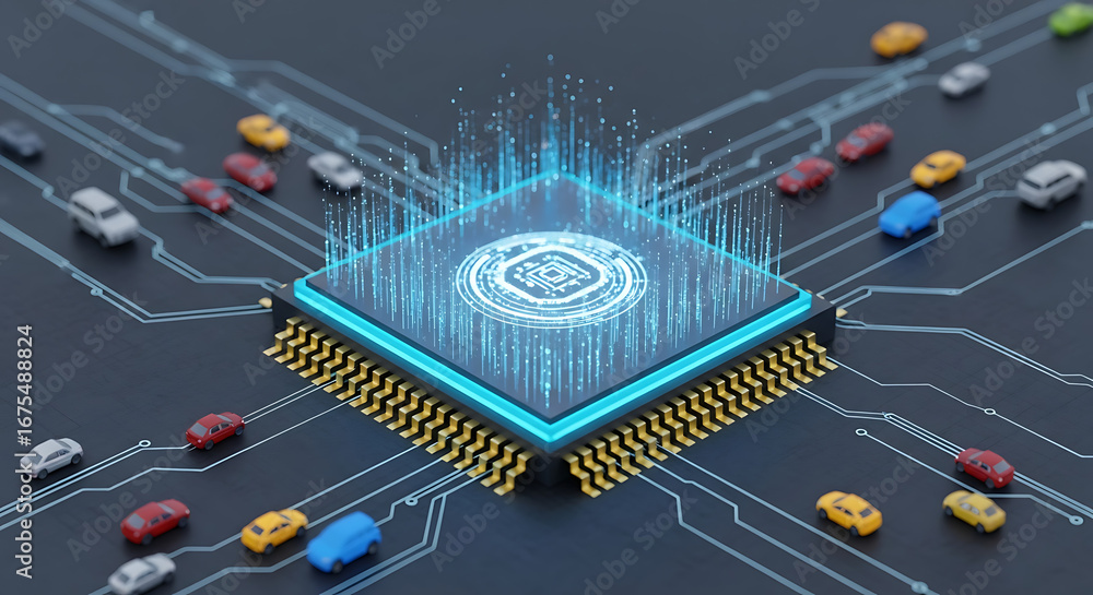 Fototapete a digital rendering of a central processing unit with cars on a circuit board simulation concept ai 