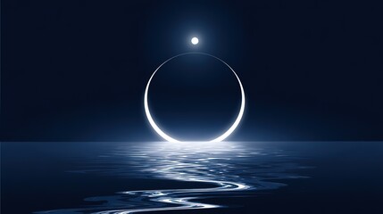 Serene night scene with full moon and crescent light reflection on calm dark blue water, vector illustration.
