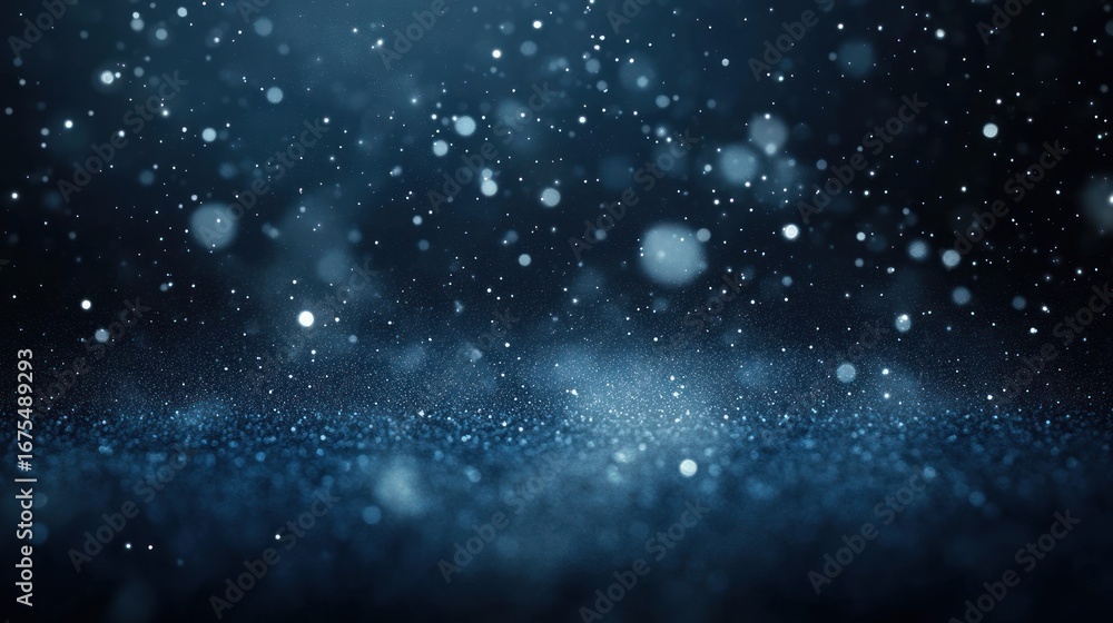Poster close-up of glowing particles with bokeh effect floating in a dark blue space creating a magical and