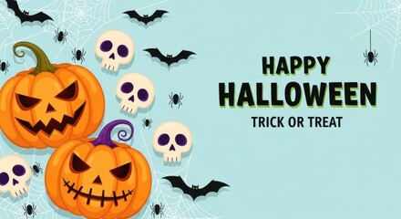 Obraz premium Happy halloween greeting with pumpkins, skulls, bats, and spider webs for trick or treat