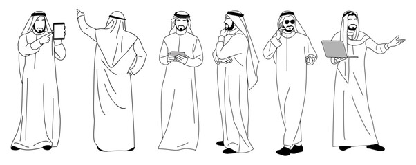 Arab Business man character in different poses, standing in traditional white clothes side, front, rear view with laptop, phone, tablet. Vector simple outline sketch illustration isolated