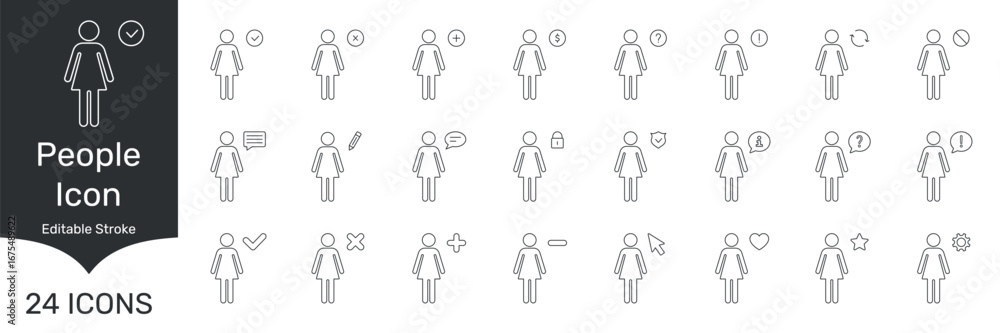 Poster people icon set with various symbols. communication, security, and interaction outline symbol collec