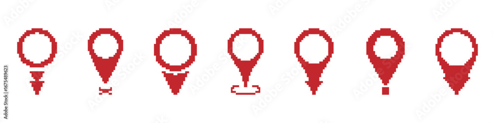 Poster red pixel art map pin icon set. location marker and navigation symbol collection. geolocation and ma