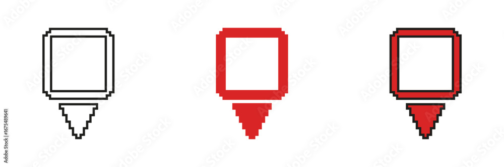 Poster Map Location Pin Pixel Art Icon Set. Navigation And Geolocation Marker Symbol Collection. Digital Mapping And Gps Pointer Design. Isolated Vector Illustration