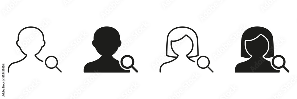 Poster user profile search icon set. identity verification and user analysis outline and silhouette symbol 