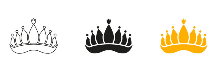 Royal Tiara Crown Line and Solid Icon Set. Elegant coronet and queen headdress symbols in royal theme. Symbol Collection. Isolated Vector Illustration