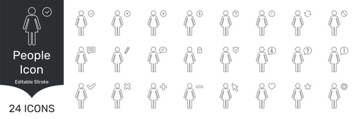 People Icon Set With Various Symbols. Communication, Security, And Interaction Outline Symbol Collection. Editable Stroke. Isolated Vector Illustration