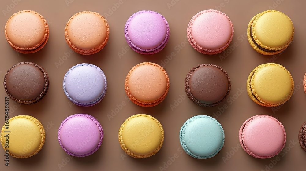 Poster top view of colorful assorted macarons arranged neatly in rows on a brown surface, showcasing pastel