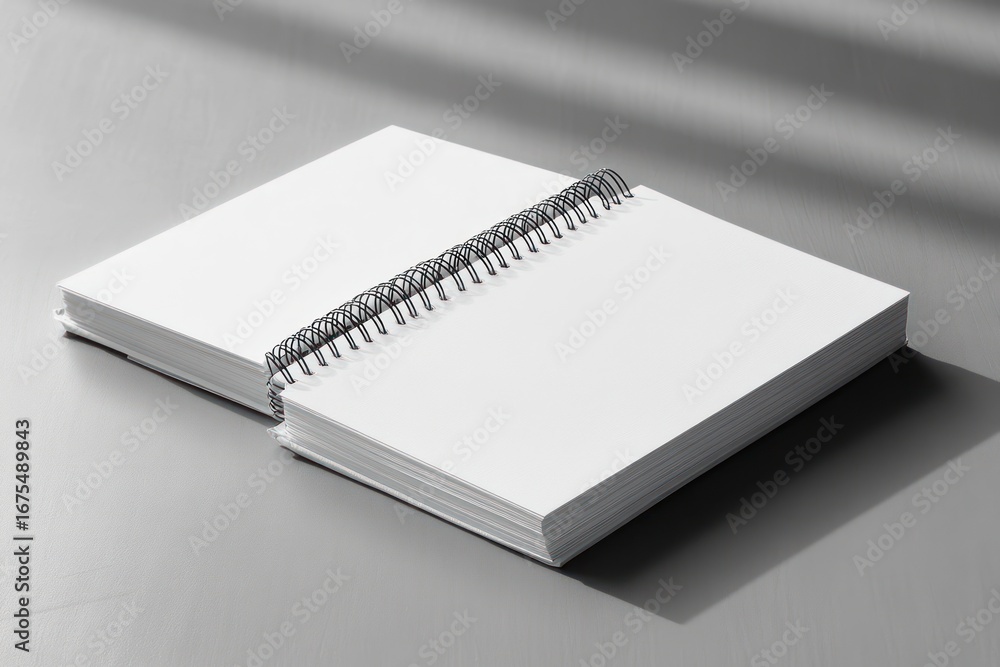 Poster Open blank spiral notebook lying on a smooth gray surface with natural light and shadows creating a calm and minimalistic atmosphere