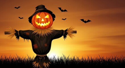 Scary halloween scarecrow with a glowing jackolantern head against a sunset sky with bats