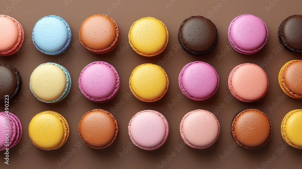 Poster colorful assortment of round macarons arranged in neat rows on a brown surface evoking a sense of sw