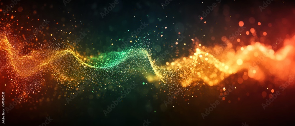 Poster abstract wave of glowing particles in warm colors flowing across a dark background conveying motion 