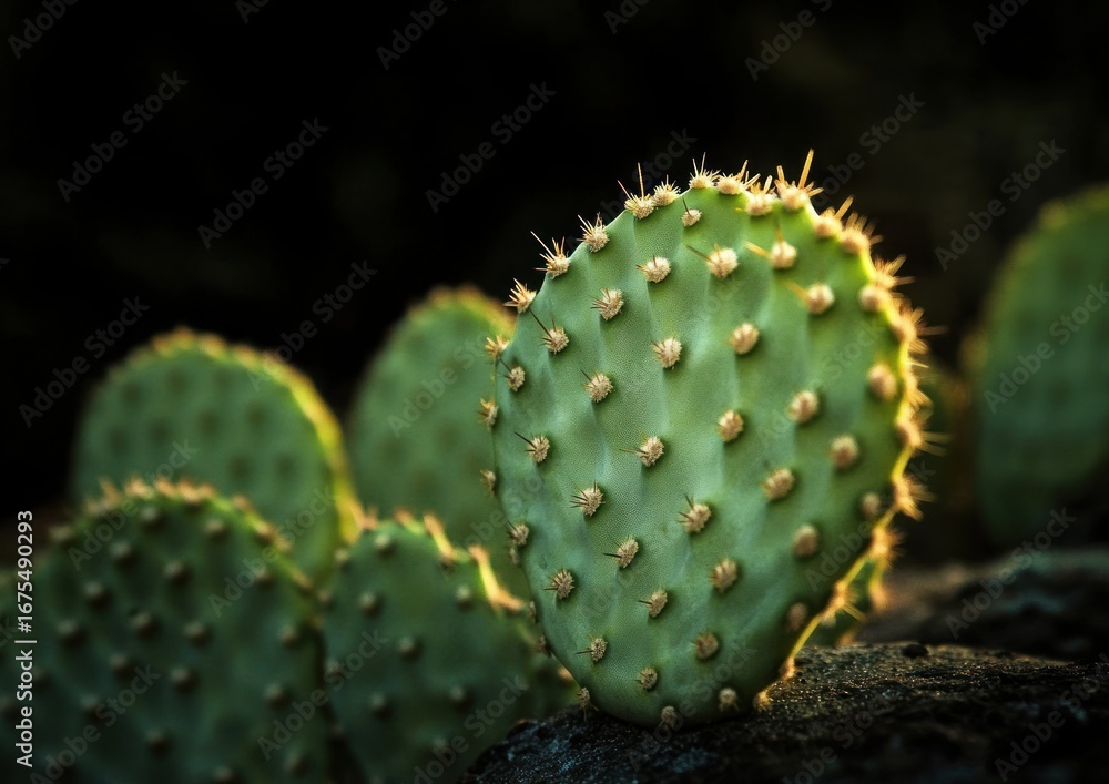 Poster close-up of green cactus pads with small spines illuminated by soft light against a dark blurred bac