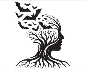 Vector illustration of a unique tree design merging into a human face with bats flying out, perfect for Halloween, fantasy, or eerie-themed projects. Ideal for creative designs with nature and surreal