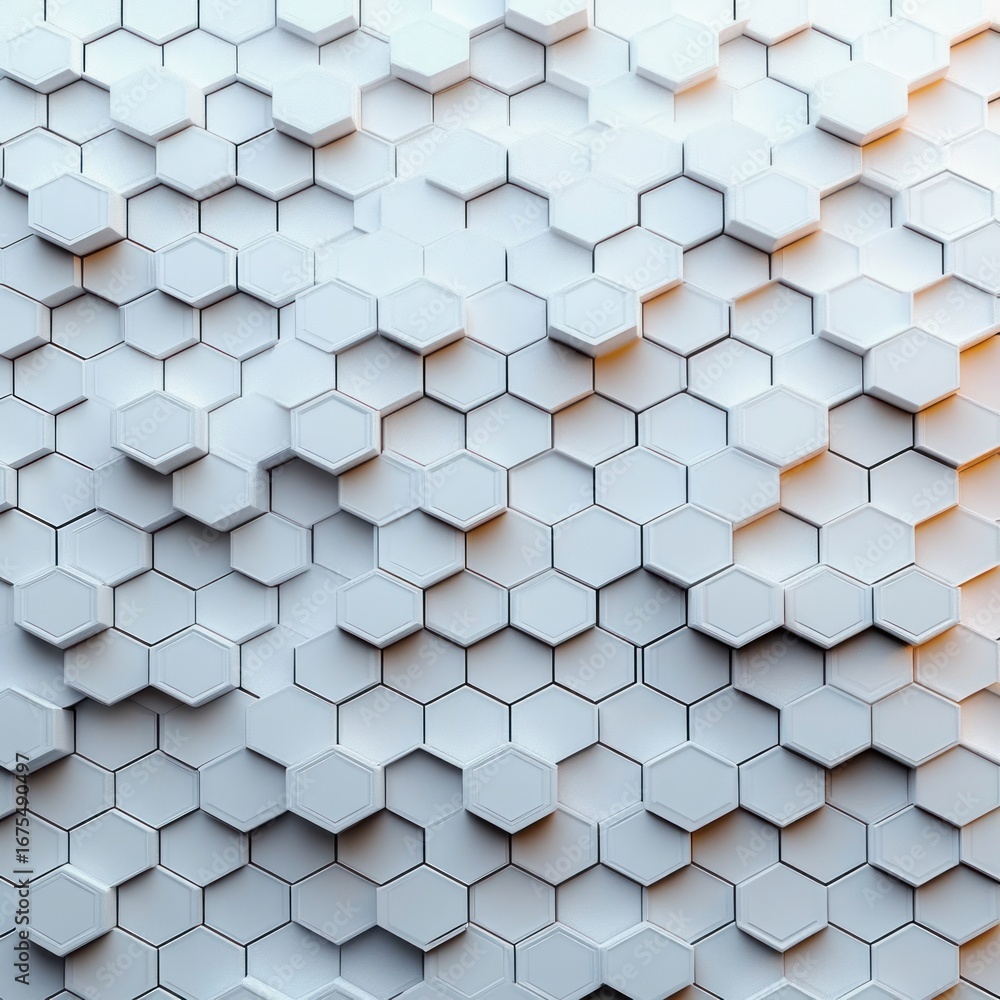 Poster abstract 3d hexagonal pattern with varying heights creating a modern geometric texture in soft white