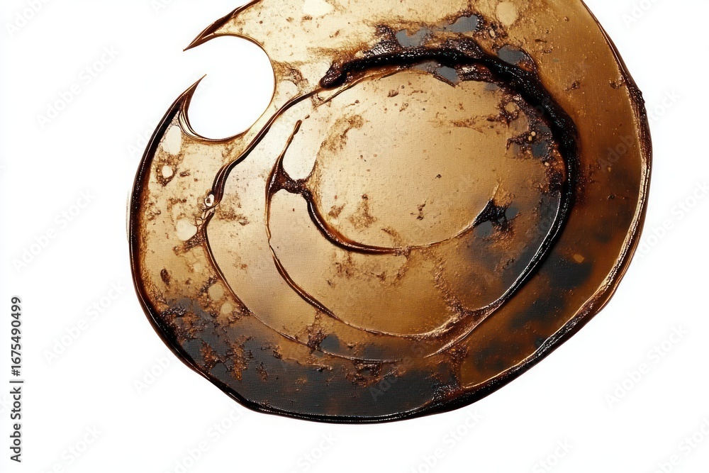 Poster close-up view of a glossy, caramel-colored liquid or syrup swirl with irregular edges on a white bac