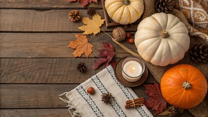 Autumn Pumpkin and Candle Decor on Wooden Table – Halloween or Thanksgiving Concept