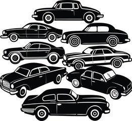 Vector art of an assortment of vintage american automobiles, including sedans and coupes from the mid20th century, are presented in a dynamic composition