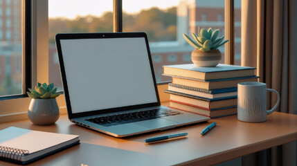 Fototapeta premium College desk receives warm sunlight on minimalist workspace at golden hour