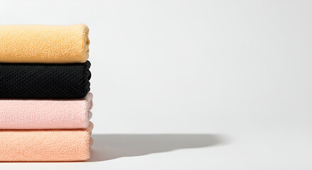 Obraz premium A neat stack of four colorful folded towels in yellow, black, and pink against a plain white background with copy space.