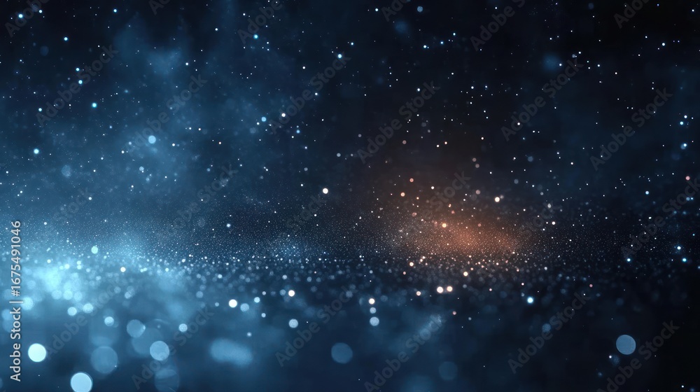 Poster abstract scene of floating glowing particles and dust in dark blue space with a warm glowing area cr