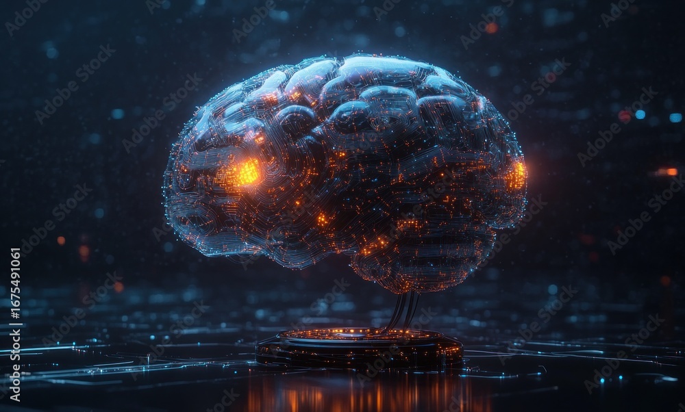Poster futuristic digital brain model illuminated with glowing orange circuits and blue highlights floating