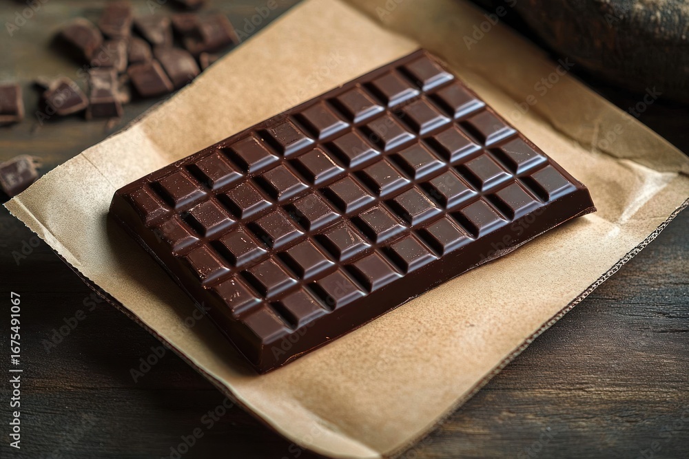 Poster Smooth dark chocolate bar resting on unwrapped brown paper on wooden surface with scattered chocolate chunks in background