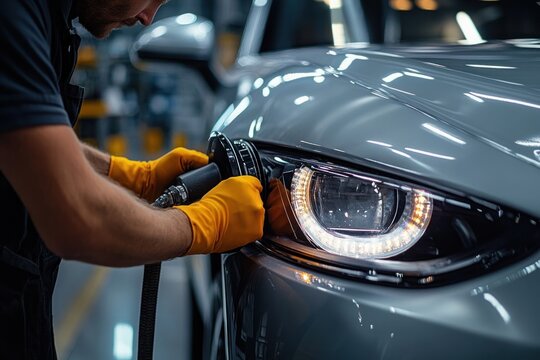 Man wearing yellow gloves polishing a shiny car headlight with a machine buffer in an indoor workshop under focused lighting