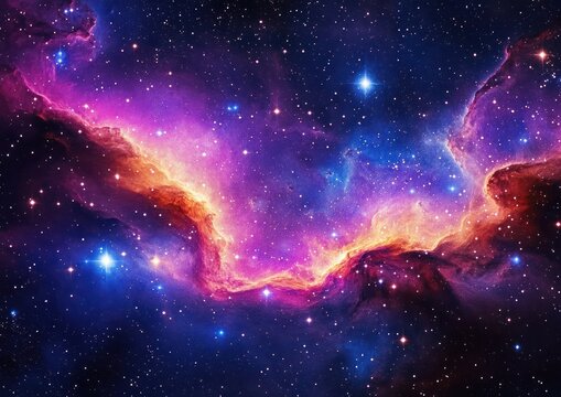 Vibrant colorful nebula with glowing pink, purple, blue, and orange hues surrounded by numerous bright stars in outer space