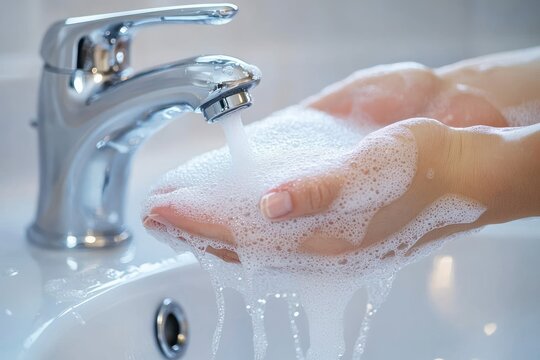 Close-up of hands lathered with soap under running water from a chrome faucet in a clean white sink, symbolizing hygiene and cleanliness