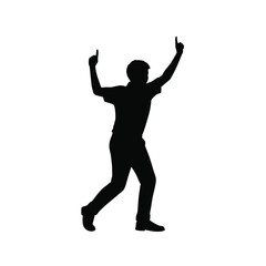 Man celebrating with raised arms and pointing fingers