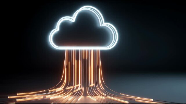Neon cloud icon glowing cloud data stream illuminated cable digital storage futuristic concept minimalistic design dark background glowing path technology visualization cloud neon icon with glowing