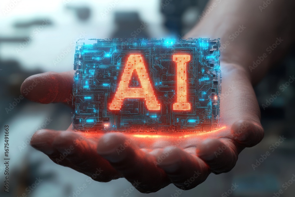 Poster close-up of a hand holding a glowing microchip with illuminated circuits and the letters ai represen