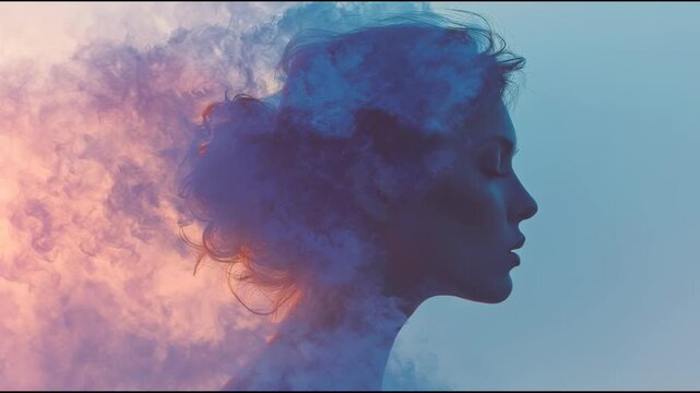 Silhouette profile smoke light woman portrait side ethereal dreamy gradient silhouette profile smoke light woman portrait side profile of woman smoke and colored light creating ethereal mood with