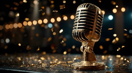 Vintage, golden microphone stands on a stage under a single, bright spotlight, with glittering gold confetti and streamers frozen in mid-air behind it.