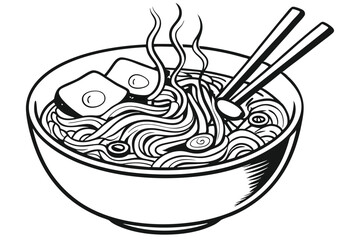 Monochrome Bowl of Noodles with Chopsticks and Egg on White Background