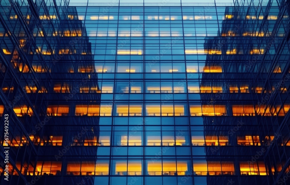 Poster reflection of illuminated office building windows on adjacent glass building facade at dusk, creatin