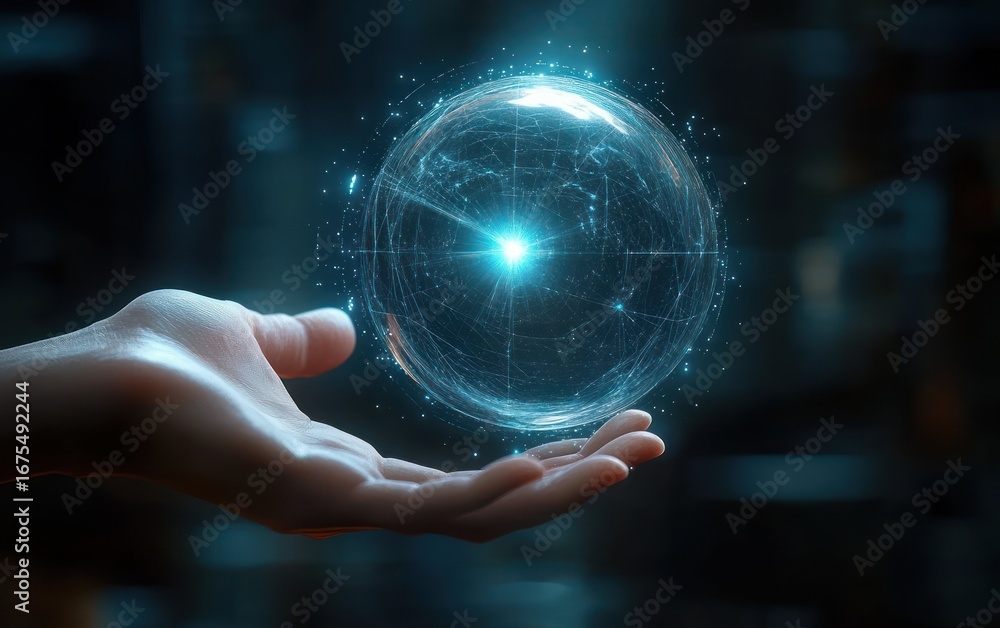 Poster hand holding a glowing digital globe with network and light connections in a dark ambient background